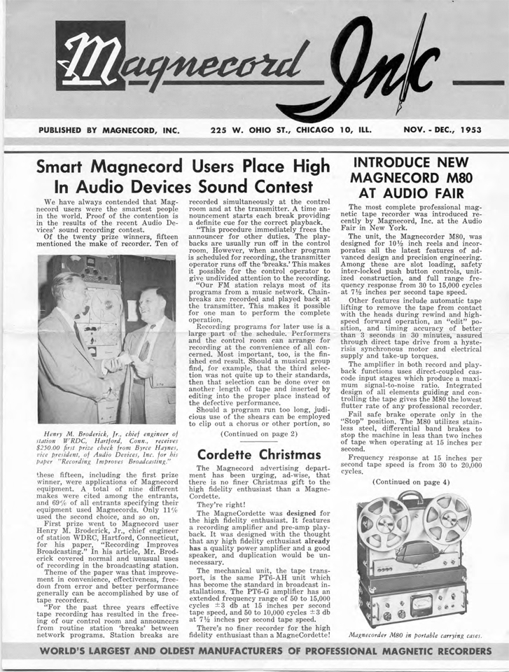 Magnecord Inc Newsletter November 1953