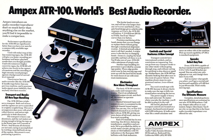 1976 ad for the Ampex ATR-100 professional reel to reel tape recorder in the Reel2ReelTexas.com vintage reel tape recorder recording collection