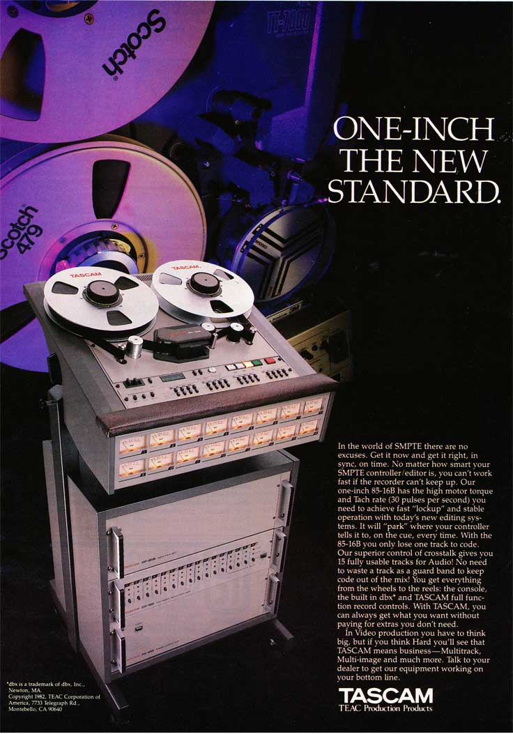 1982 ad for the Teac Teac Tascam 85-16 16 track 1 inch professional reel to reel tape recorder in the Reel2ReelTexas.com vintage reel tape recorder recording collection