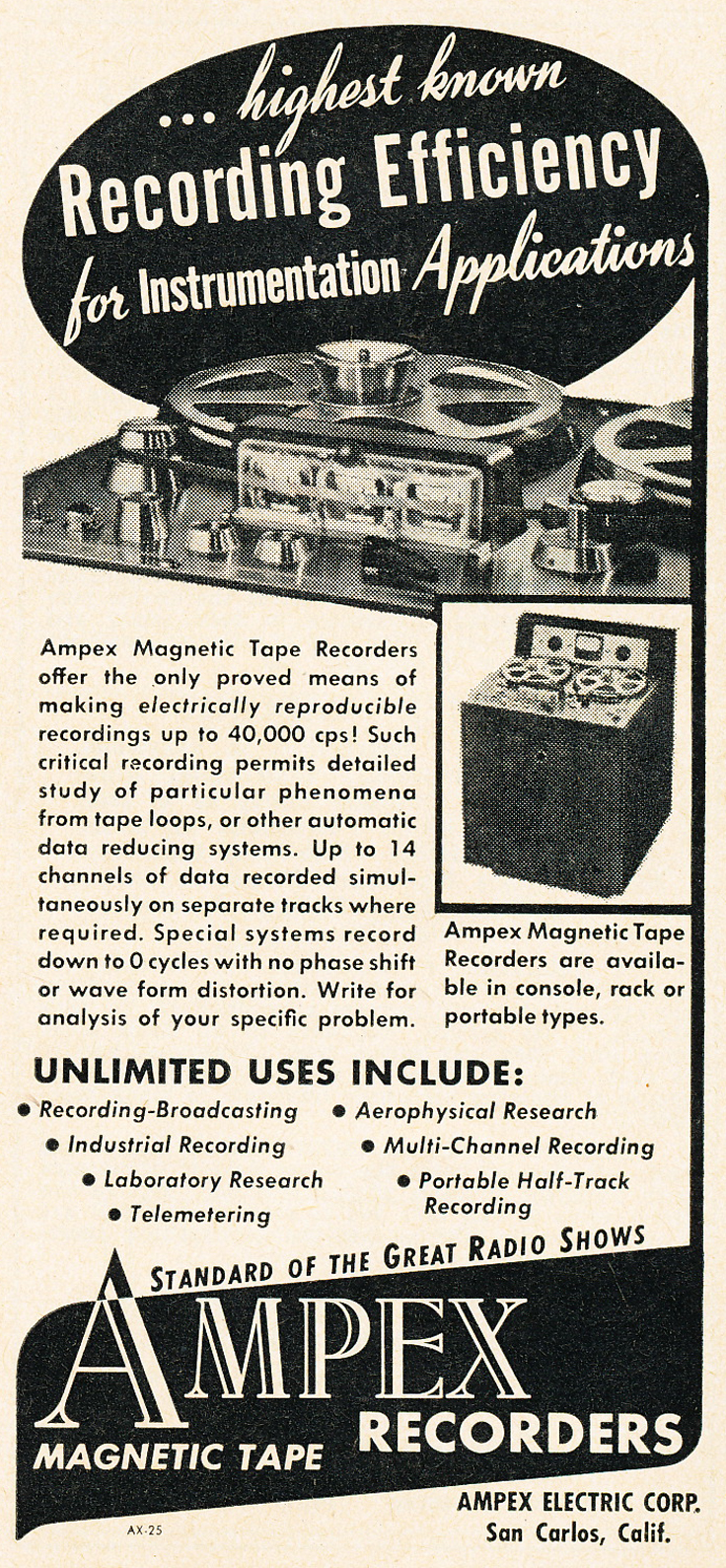 Reel to Reel Tape Recorder Manufacturers - Ampex Electric and Manufacturing  Company - Museum of Magnetic Sound Recording