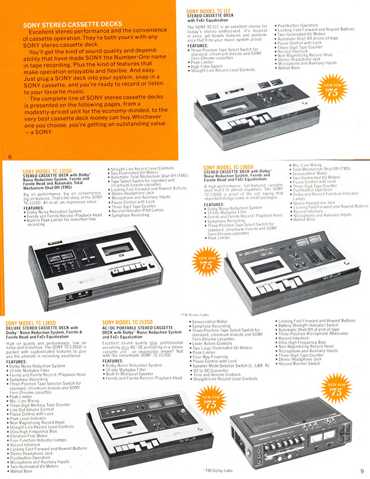 1975 Sony brochure in the Reel2ReelTexas.com's images/R2R/vintage reel tape recorder recording collection featuring their reel to reel tape recorders, cassette recorders, microphones and mixers